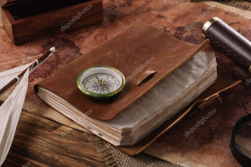 - Brown Leather Notebook With Compass