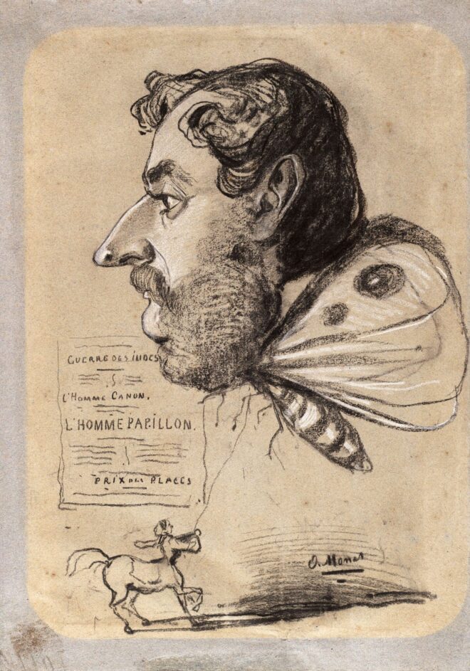 Claude Monet's 'Caricature of Jules Didier (“Butterfly Man”)' is a playful and detailed sketch with exaggerated features.