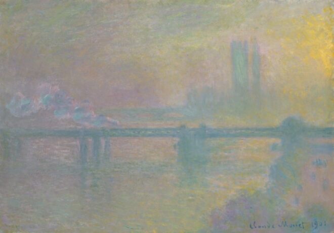 Claude Monet's 'Charing Cross Bridge, London' captures the iconic bridge with an impressionistic style, highlighting ambient light.