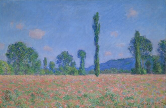 Claude Monet's 'Poppy Field (Giverny)' masterfully captures a vibrant poppy field under a clear blue sky in an Impressionist style.