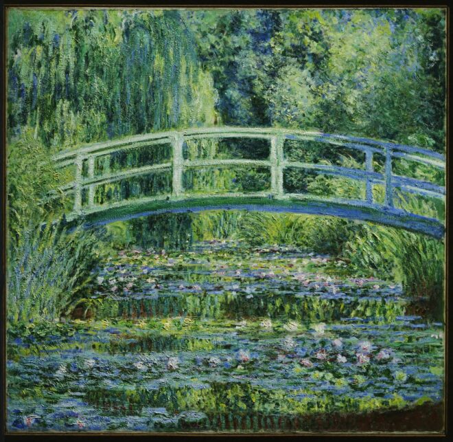 Claude Monet's 'Water Lilies and Japanese Bridge' epitomizes Impressionist art, reflecting natural beauty with vibrant greens and blues.