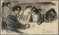 "At the Cabaret" by Pablo Picasso: A monochromatic sketch of individuals conversing at a table in a cabaret.