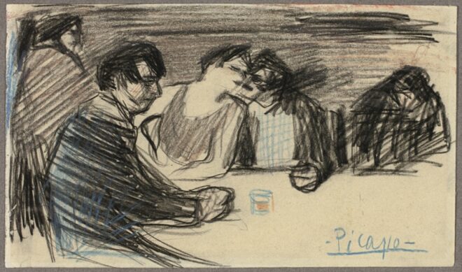 "At the Cabaret" by Pablo Picasso: A monochromatic sketch of individuals conversing at a table in a cabaret.