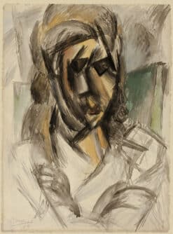 Cubist portrait titled Bust of a Woman by Pablo Picasso, featuring strong geometric shapes and a muted color palette.