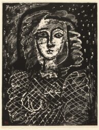 'Bust with Star Background' by Pablo Picasso is an abstract portrait characterized by its monochrome palette and starry elements.