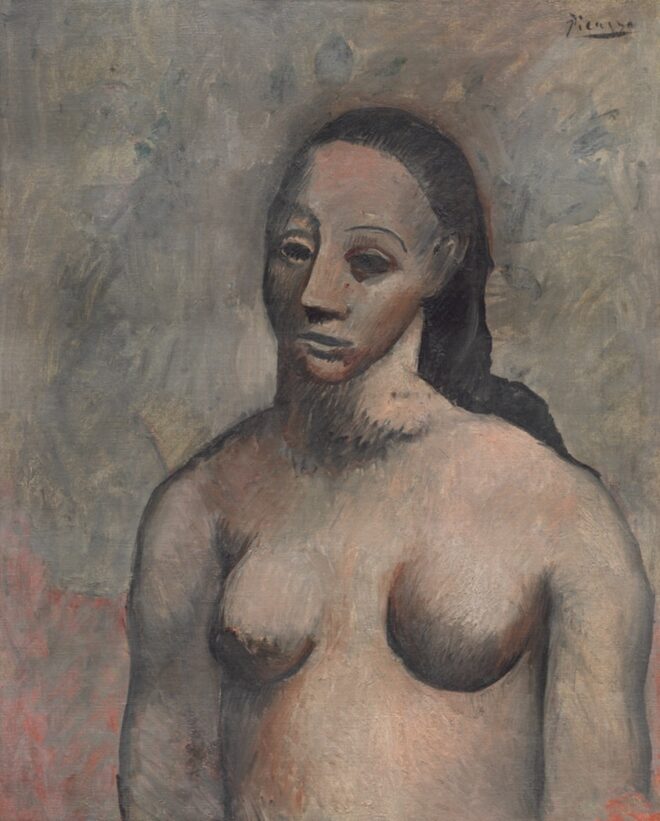 'Half-Length Female Nude' by Pablo Picasso is a muted, abstract painting featuring a nude female figure, showcasing the artist's distinct style.