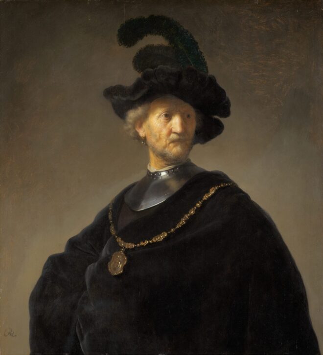 Art print - Old Man with a Gold Chain by Rembrandt van Rijn depicts an elderly man in black attire with a distinctive gold chain.