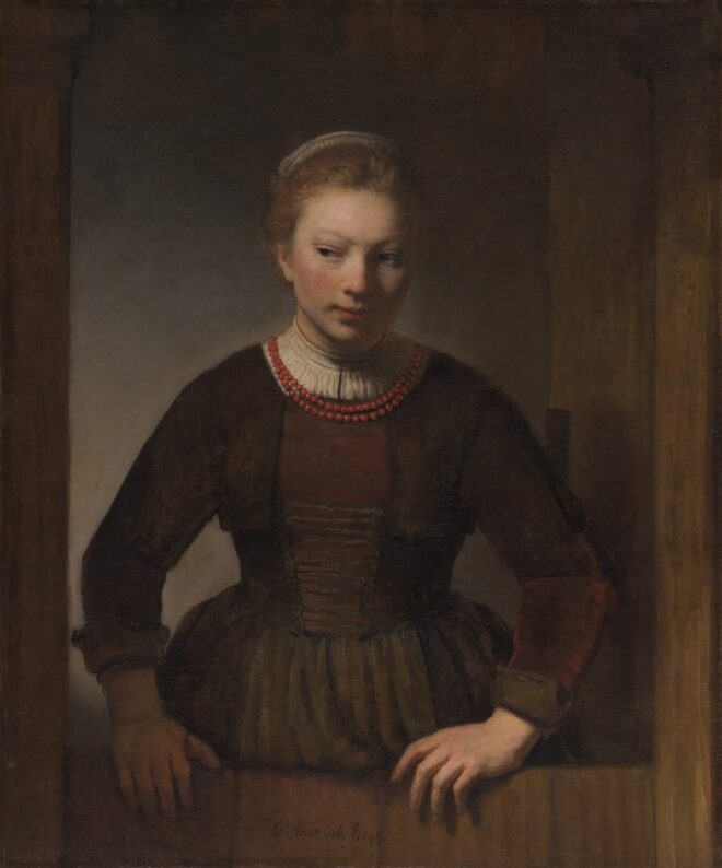 Young Woman at an Open Half-Door by Workshop of Rembrandt van Rijn shows a young woman at an open half-door in classic attire.