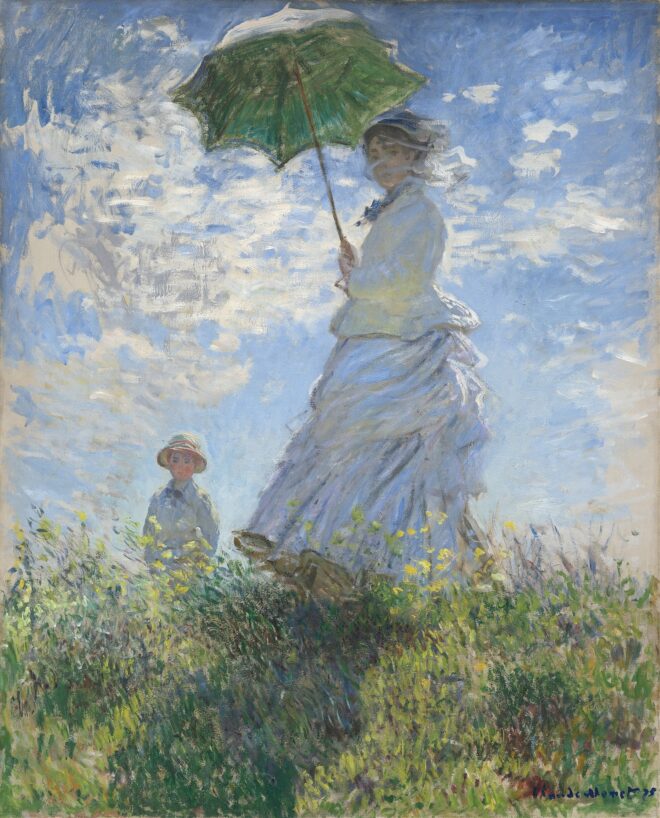 Claude Monet Woman with a Parasol – Madame Monet and Her Son, impressionist painting.