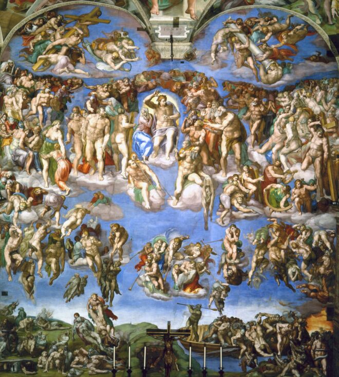 Michelangelo's 'Last Judgement' showcases an intricate fresco of various figures against a blue backdrop, located in the Sistine Chapel.