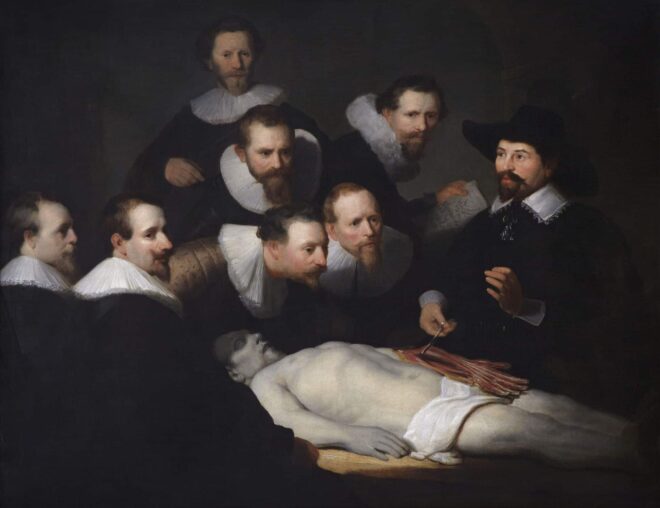 The Anatomy lesson of Dr Nicolaes Tulp, Artist name: Rembrandt. The painting showcases a historical anatomy lesson.