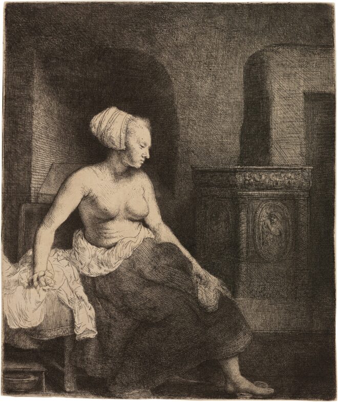 Rembrandt van Rijn Woman sitting half dressed beside a Stove