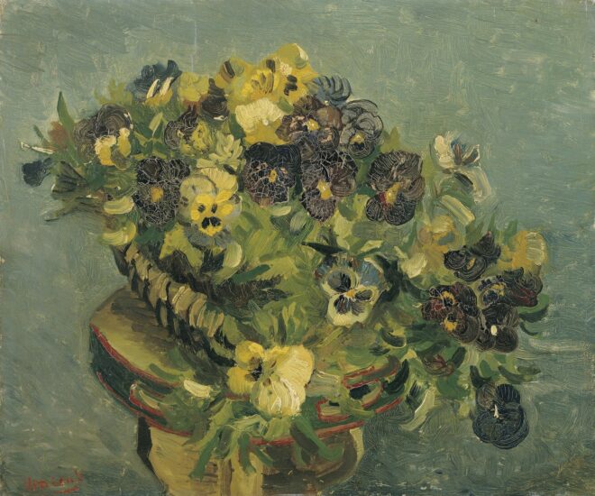 Vincent van Gogh Basket of pansies on a small table